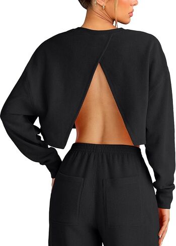 سويت شيرت كبير الحجم بدون ظهر بياقة دائرية للنساء، قمصان طويلة الأكمام، لطيف للخريف مفتوح من الخلف، هوديس، بلوفر علوي in Kuwait