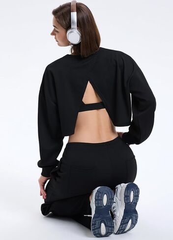 سويت شيرت كبير الحجم بدون ظهر بياقة دائرية للنساء، قمصان طويلة الأكمام، لطيف للخريف مفتوح من الخلف، هوديس، بلوفر علوي in Kuwait