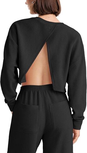 سويت شيرت كبير الحجم بدون ظهر بياقة دائرية للنساء، قمصان طويلة الأكمام، لطيف للخريف مفتوح من الخلف، هوديس، بلوفر علوي in Kuwait