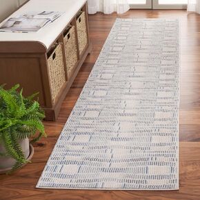 SAFAVIEH Prestige Collection Runner Rug - 2'3" x 8', Beige & Blue, Geometric Design, Ideal for High Traffic Areas in Entryway, Kitchen & Bathroom (PTE116B-28)