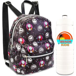 Nightmare Before Christmas Mini Backpack for Girls - 10" Faux Leather Jack Skellington Backpack with Front Pocket Plus Bottle | Jack and Sally Backpack Bundle