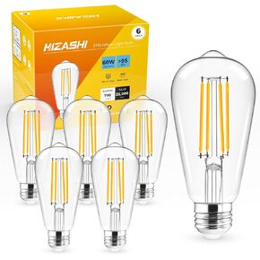 Hizashi LED Edison Bulbs, 6W, Equivalent 60W, E26 LED Bulb Non-dimmable, 3000K Soft White, 90+ CRI 700 Lumens, ST19 Vintage Light Bulbs, Clear Glass, Pack of 6