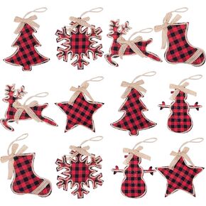 Watayo 12 PCS Christmas Plaid Hanging Ornaments-Black & Red Buffalo Check Plaid Burlap Hanging Ornaments-Tree Ball Bell Stocking Shaped Hanging Decor for Home Xmas Party Decorations Gift