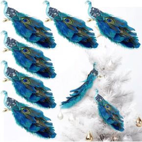 2 Pcs Peacock Christmas Tree Ornaments Long Tail Feather Peacock Christmas Decorations Glitter Peacock Bird Clip On Ornament for Xmas Tree Decor (Trendy Style)