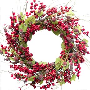 Bibelot 20 inches Christmas Wreath Red Berry Wreath Artificial Cypress Pine Needles Leaves Wreath for Front Door Wreath for Home Farmhouse Holiday Party Festival Wall Decor (C)