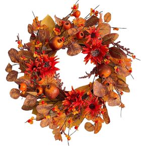 18" Fall Wreaths for Front Door with Maple Eucalyptus Leaves Daisy, Fall Door Wreath Autumn Wreath for Thanksgiving Halloween Outdoor Indoor Farmhouse Party Holiday Porch Wall Window Home Decoration