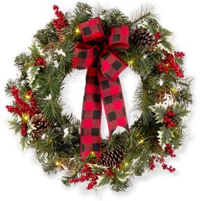 Glitzhome Christmas Artificial Wreath with Berry Pinecone for Front Door and Wall, 24" D