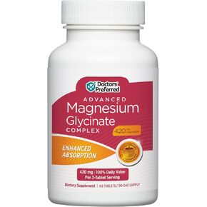 DOCTORS' PREFERRED Advanced Magnesium Glycinate Complex, Enhanced Absorption Technology, Highly Potent, Gentler, Doctor-Developed Formula. Heart Health, Mood Health and More 420 mg, 30-Day Supply