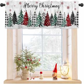 Christmas Valance, Snowflake Buffalo Plaid Xmas Tree Valances for Windows Rod Pocket Curtain Valances Merry Christmas Window Treatment Small Curtain for Xmas Winter 42" W x 12" L, 1 Panel