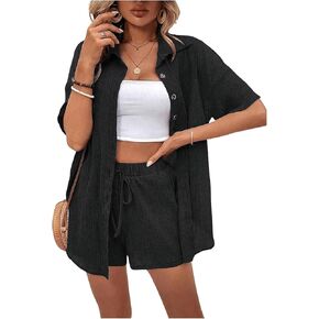 Floerns Women's Collared Button Down Short Sleeve Shirt with Shorts 2 Piece Set