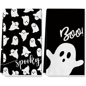 AnyDesign Halloween Kitchen Towel 18 x 28 Inch Black White Ghost Dishcloth Scary Hand Drying Tea Towel for Halloween Baking Cooking Home Kitchen Decor Housewarming Gift, 2Pcs