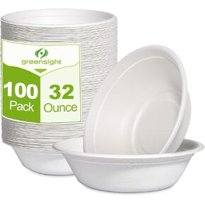 greensight Large Paper Bowls 32 oz，100 Pack Compostable Bowls, Disposable Bowls For Hot Soup, Salads,Cereals, Heavy Duty Paper Bowls, Microwavable Safe Bowls, White Bagasse Bowls