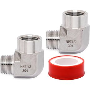 2Pcs Stainless Steel Pipe Fittings, 90 Degree Elbow 1/4 Inch NPT Male to Female 304 Metal Fittings with 1 Tape Silver