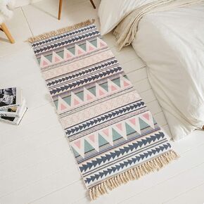Poowe Cotton Woven Tassles Area Rug - Moroccan Throw Chindic Rag Rug Runner |Unique Rainbow Design Decorative Rugs | for Entryway Indoor Bathroom Bedroom Living Room Laundry Room 2'x5'