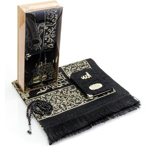 ihvan online Taffeta Fabric Muslim Prayer Rug & Velvet Covered Yaseen Surah Pocket-Size Book & Crystal Prayer Beads Set with Kraft Boxed, Perfect Islamic Ramadan Eid Gifts, Black