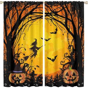 Forest Curtain Halloween Horror Black Forest Castle Pumpkin Bat Owl Cat Kitchen Curtain Bedroom Living Room Blackout Curtain Decorative Curtain 42x54 2Panels