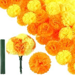 100 Pcs Artificial Marigold Flowers with Stems 3.5 Inch Day of The Dead Silk Marigold False Flower Halloween Party Dia De Los Muertos Decor Altar Decors for DIY Marigold Garland (Orange,Yellow)
