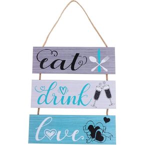 Kersiki 3 Pcs Wooden Kitchen Wall Decor Eat Drink Love Hanging Kitchen Sign Rustic Farmhouse Wood Home Kitchen Sign for Home Kitchen Dining Living Room Bar Cafe Decor (Blue and Grey)
