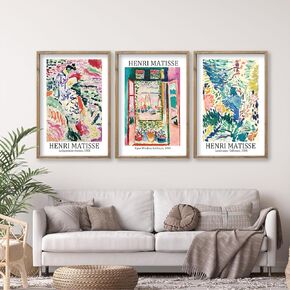 Henri Matisse Wall Art Decor Set of 3 16x11 Inch Large Rustic Farmhouse Aesthetic Wood Framed Matisse Sign Modern Home Bedroom Living Room Office Abstract Landscape Print Wall Hang (White)