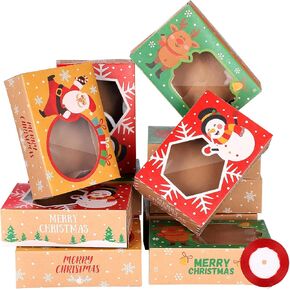 12Pcs Christmas Cookie Boxes for Giving Large Kraft Holiday Baking Box with Ribbons Christmas Treat Boxes for Pastries Treat Cupcakes Dessert Candy