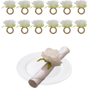 12 Pcs Simulated White Rose Napkin Rings, Flower Napkin Rings Napkin Ring Holder Christmas Napkin Rings Rose Napkin Holder for Wedding Banquet Birthday Party Table Decorations (White Rose)