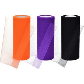 3 Rolls Halloween Tulle Rolls Orange Black Purple Tulle Fabric Spool Ribbons for Gift Ribbon DIY Crafting Sewing, 6 Inches by 75 Feet