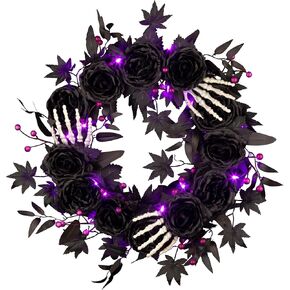 National Tree Company, 24inch Artificial Bad to The Bone Halloween Wreath, 30 Purple LED Lights, Battery Operated
