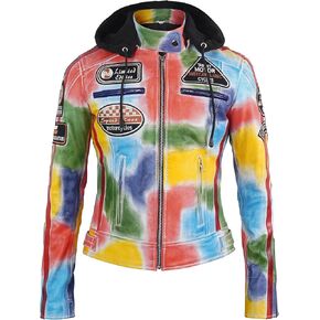 LP-FACON Women Vintage Hooded Biker Jacket - Cafe Racer Badges Retro Patches Motorcycle Leather Jacket