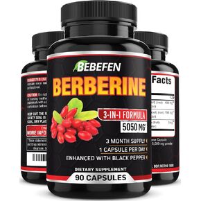 BEBEFEN Berberine Capsules - 5050mg Formula Pills with Black Pepper Extract - 90 Capsules Berberine Supplement for Supports Healthy Immune System, Cardiovascular Heart - 3 Month Supply