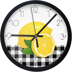 Wall Clock Silent Decorative Wall Clocks Summer Lemon Fruit Black and White Buffalo Plaid 10 Inch Non Ticking Wall Clock Modern Quartz Battery Operated Clock for Office Living Room Bedrooms Decor
