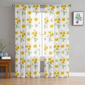 Sunflowers Curtains 63 Inch Length 2 Panels Set, Yellow Sheer Curtains Rod Pocket Kitchen Curtains Spring Floral Curtains for Bedroom Living Room Voile Window Drapes Farmhouse Semi Curtains Decor