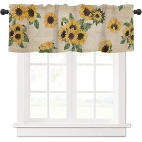 Kitchen Curtain Valance and Sunflower Rod Pocket Curtain Insulated Blackout Drape Short，Cafe Curtains for Kitchen Bathroom or Small Window，52" W x 18" L