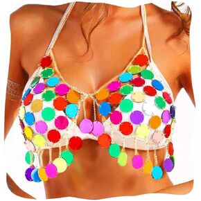 JEWEKY Dot Sequin Rave Bra Top Rainbow Costume Chest Top Club Dance Top for Women