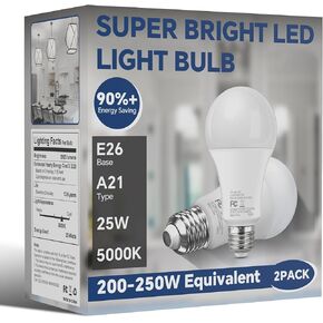 200W Equivalent LED Light Bulb, 2800LM Super Bright A21 LED Bulb, Daylight 5000K, 25W Energy Saving, E26 Medium Base, 120V for Garage, Warehouse, Shop, Living Room, Non-Dimmable, 2 Pack
