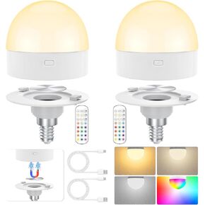 Rechargeable Battery Operated Light Bulb with Remote Control,350LM E12 Detachable LED Bulb with 15 Colors Selectable,Timer,Dimmer,Wireless Puck Emergency Lamp for Wall Sconce,Non-Hardwired,2-Pack