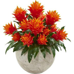 Nearly Natural Bromeliad Artificial Sandstone Bowl Silk Plants Red