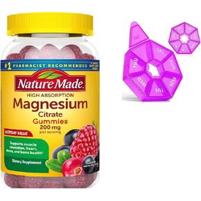 Nature Made Magnesium Citrate 200 mg High Absorption Mixed Berry 64 Gummies Bundle with Weekly Pill Organizer.(Pack of 1)