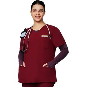 Small Medical Scrub Tops for Women - Soft Stretch V-Neck Classic Fit Scrub Shirts with 3 Pockets Burgundy