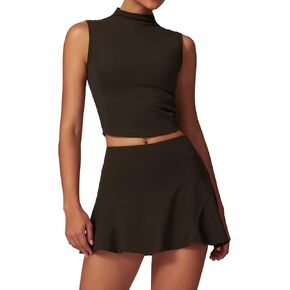 2 Piece Tennis Dress for Women Pleated Tennis Skirts Sets High Neck Workout Tank Top Golf Outfits