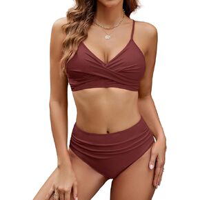 Edelqual Women's High Waisted Bikini Sets Two Piece Swimsuit Tummy Control Bathing Suit V Neck Twist Front Swimwear Swim Suit