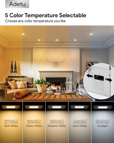 إضاءة LED مربعة مقاس 4 بوصات من Adetu، 6 عبوات 5CCT مصابيح سقف LED مربعة رفيعة جدًا مع صندوق توصيل، 10 وات 860LM، CRI90،2700K-5000K قابلة للتحديد، إضاءة سفلية قابلة للتعتيم بدون غطاء، ETL ونجمة الطاقة in Saudi Arabia