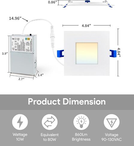 إضاءة LED مربعة مقاس 4 بوصات من Adetu، 6 عبوات 5CCT مصابيح سقف LED مربعة رفيعة جدًا مع صندوق توصيل، 10 وات 860LM، CRI90،2700K-5000K قابلة للتحديد، إضاءة سفلية قابلة للتعتيم بدون غطاء، ETL ونجمة الطاقة in Saudi Arabia
