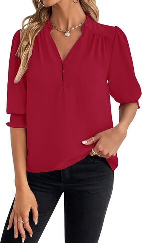 Womens V Neck Button Top Puff Sleeve Summer Casual Shirt Fashion Pleated Chiffon Blouses Blue Large in Saudi Arabia