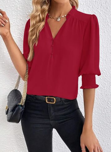 Womens V Neck Button Top Puff Sleeve Summer Casual Shirt Fashion Pleated Chiffon Blouses Blue Large in Saudi Arabia