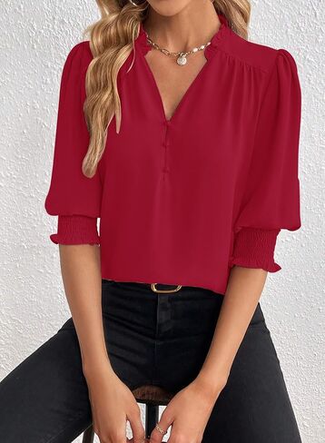 Womens V Neck Button Top Puff Sleeve Summer Casual Shirt Fashion Pleated Chiffon Blouses Blue Large in Saudi Arabia