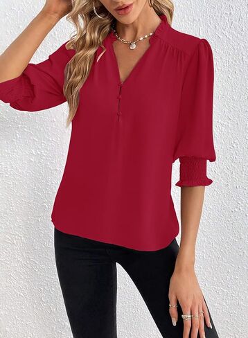 Womens V Neck Button Top Puff Sleeve Summer Casual Shirt Fashion Pleated Chiffon Blouses Blue Large in Saudi Arabia