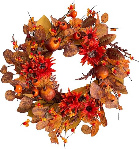 18" Fall Wreaths for Front Door with Maple Eucalyptus Leaves Daisy, Fall Door Wreath Autumn Wreath for Thanksgiving Halloween Outdoor Indoor Farmhouse Party Holiday Porch Wall Window Home Decoration in Saudi Arabia