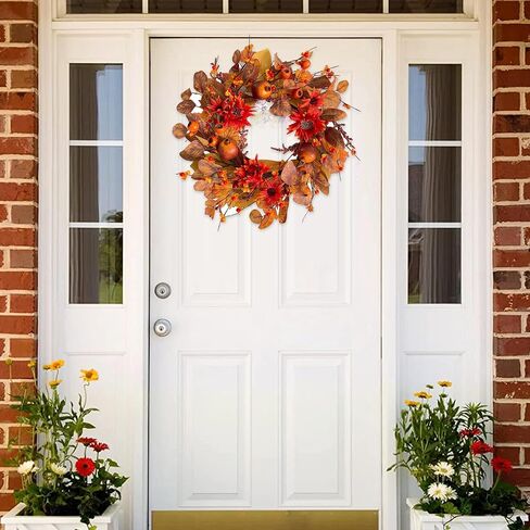 18" Fall Wreaths for Front Door with Maple Eucalyptus Leaves Daisy, Fall Door Wreath Autumn Wreath for Thanksgiving Halloween Outdoor Indoor Farmhouse Party Holiday Porch Wall Window Home Decoration in Saudi Arabia