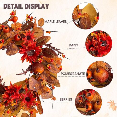 18" Fall Wreaths for Front Door with Maple Eucalyptus Leaves Daisy, Fall Door Wreath Autumn Wreath for Thanksgiving Halloween Outdoor Indoor Farmhouse Party Holiday Porch Wall Window Home Decoration in Saudi Arabia