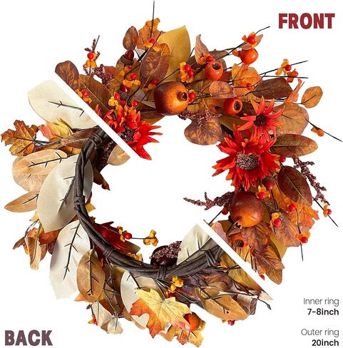 18" Fall Wreaths for Front Door with Maple Eucalyptus Leaves Daisy, Fall Door Wreath Autumn Wreath for Thanksgiving Halloween Outdoor Indoor Farmhouse Party Holiday Porch Wall Window Home Decoration in Saudi Arabia